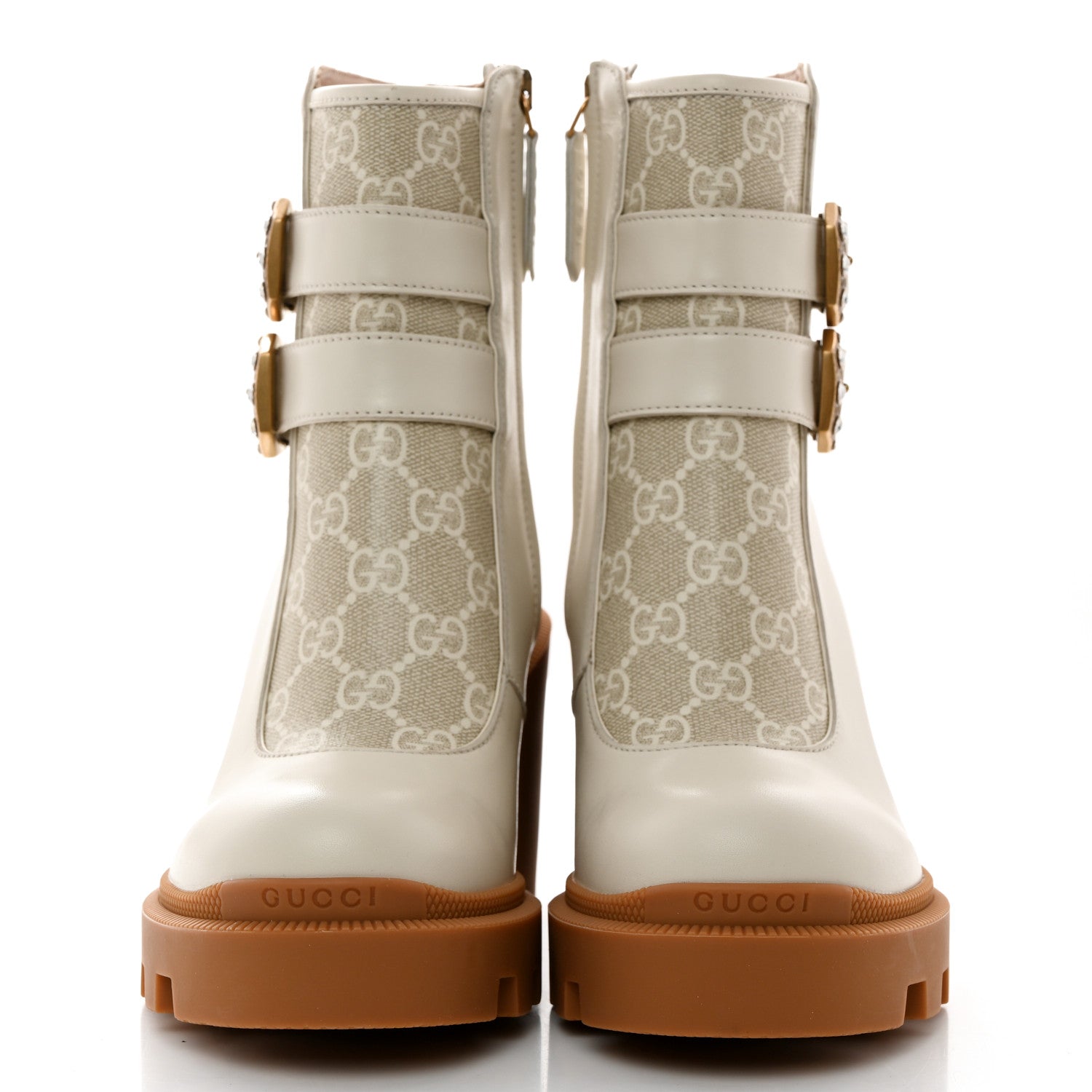 Gucci Kensington Calfskin Nappa GG Supreme Monogram Womens Double Buckle Ankle Boots 35.5 Mystic White Beige 2 of 9