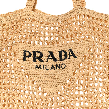 Prada Yarn Raffia Effect Crochet Logo Embroidered Tote Bag Naturale 7 of 11