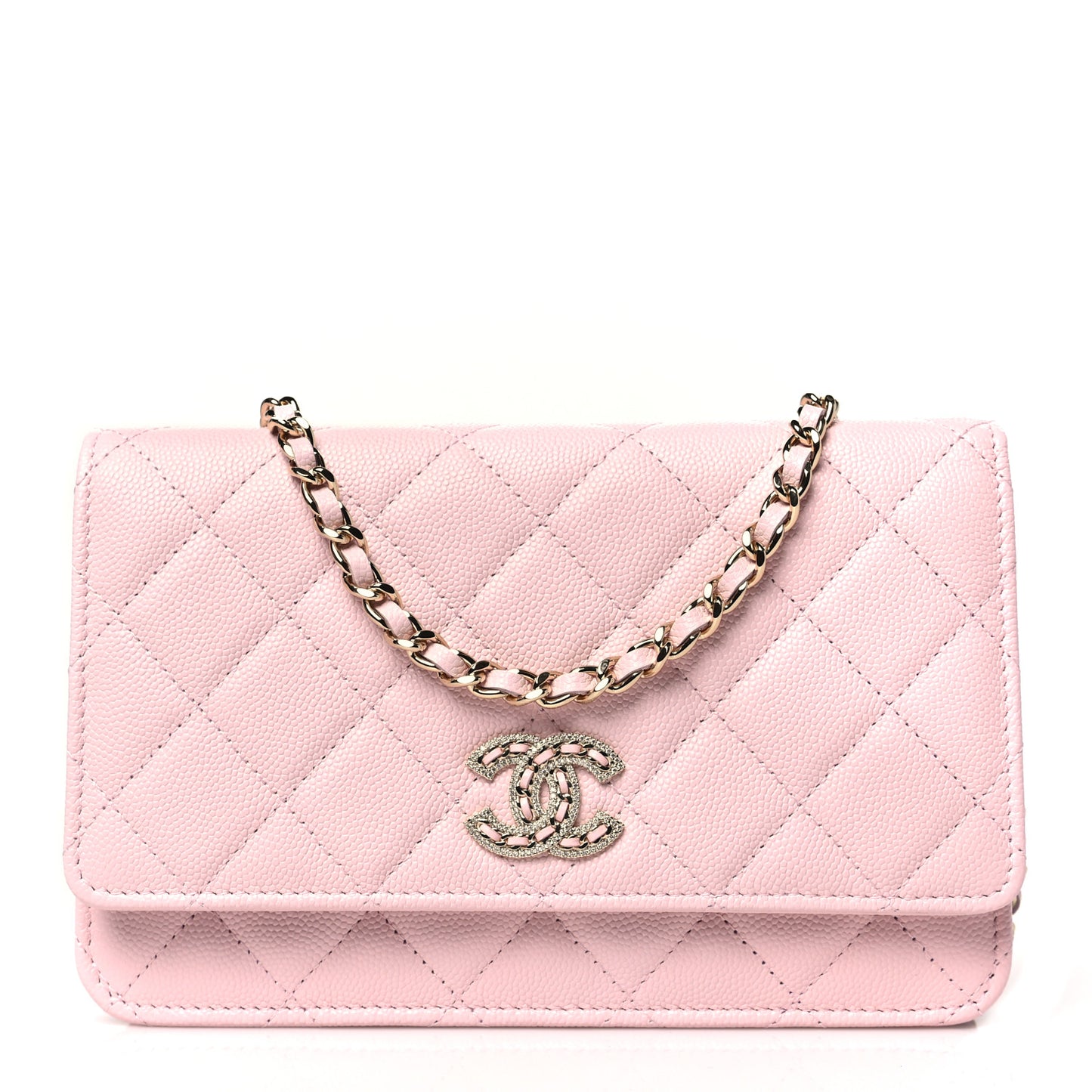 Caviar Quilted Crystal CC Wallet On Chain WOC Light Pink