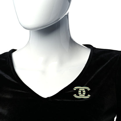 Chanel Enamel Striped CC Brooch Green Silver 2 of 6