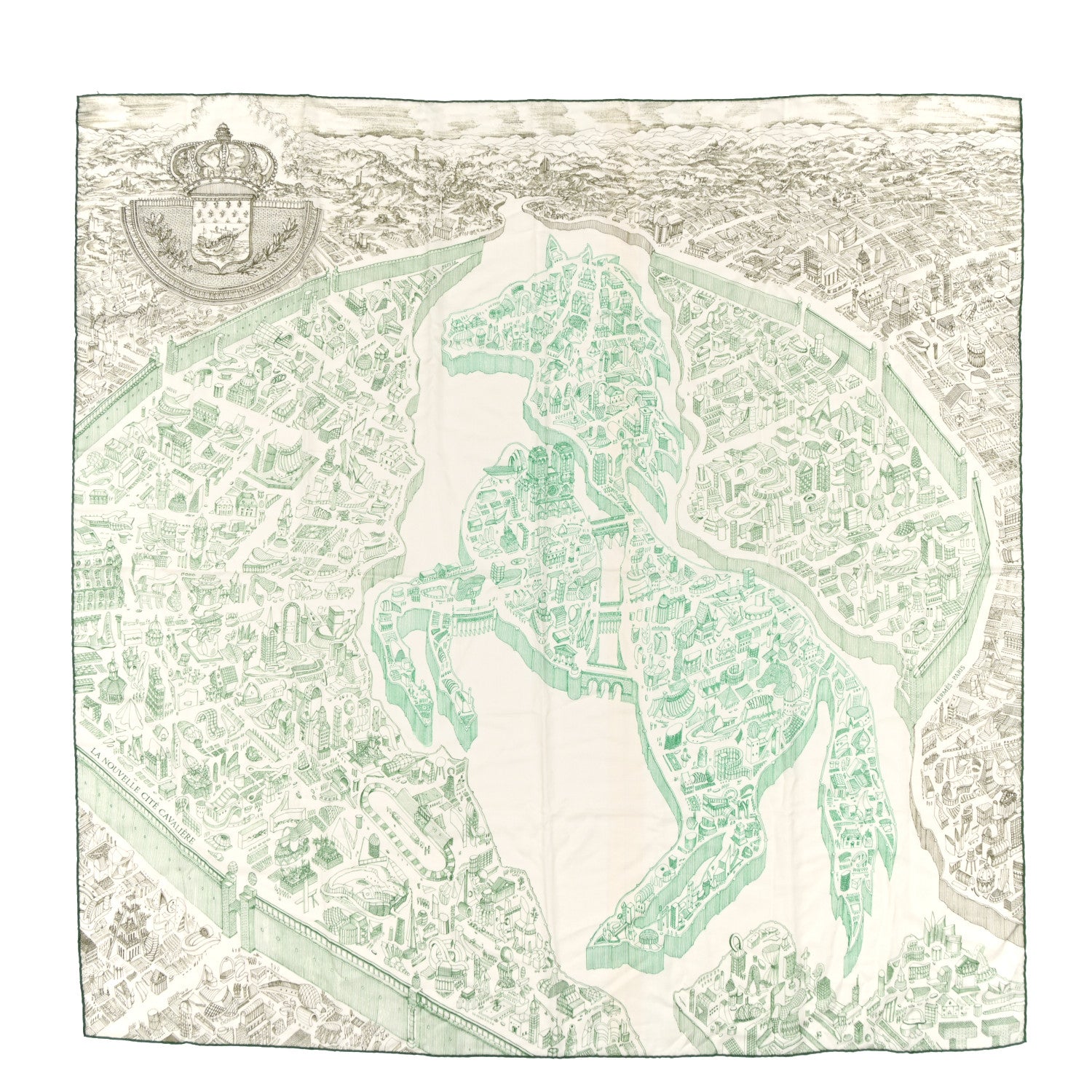 Hermes Cashmere Silk La Nouvelle Cite Cavaliere Shawl 140 White Vert Vif Kaki 1 of 5