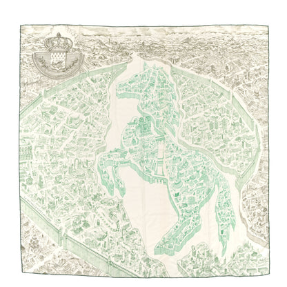Hermes Cashmere Silk La Nouvelle Cite Cavaliere Shawl 140 White Vert Vif Kaki 1 of 5