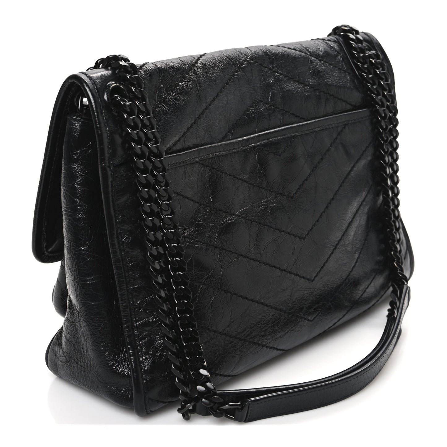 Crinkled Calfskin Matelasse Monogram Medium Niki Chain Satchel Black