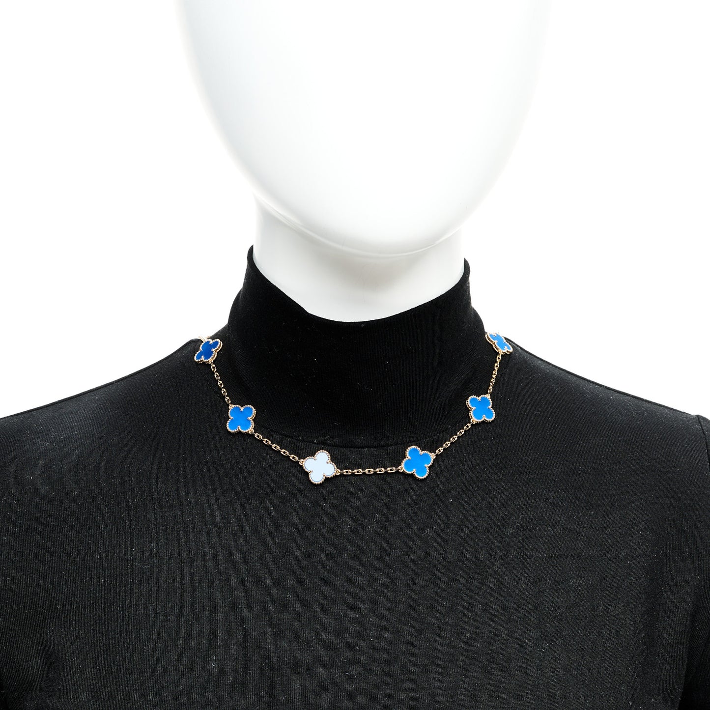 18K Yellow Gold Blue Agate 10 Motifs Vintage Alhambra Necklace