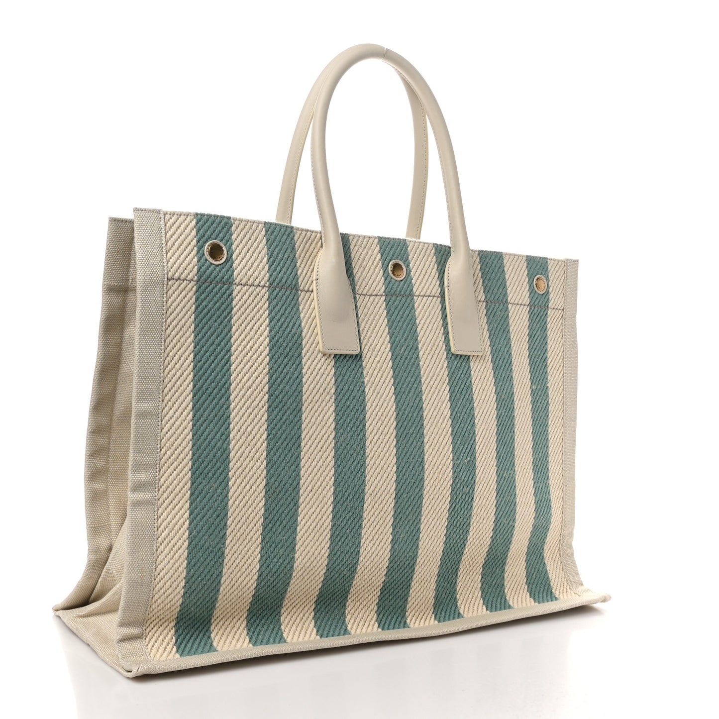 Cotton Linen Calfskin Striped Rive Gauche Tote Water Green