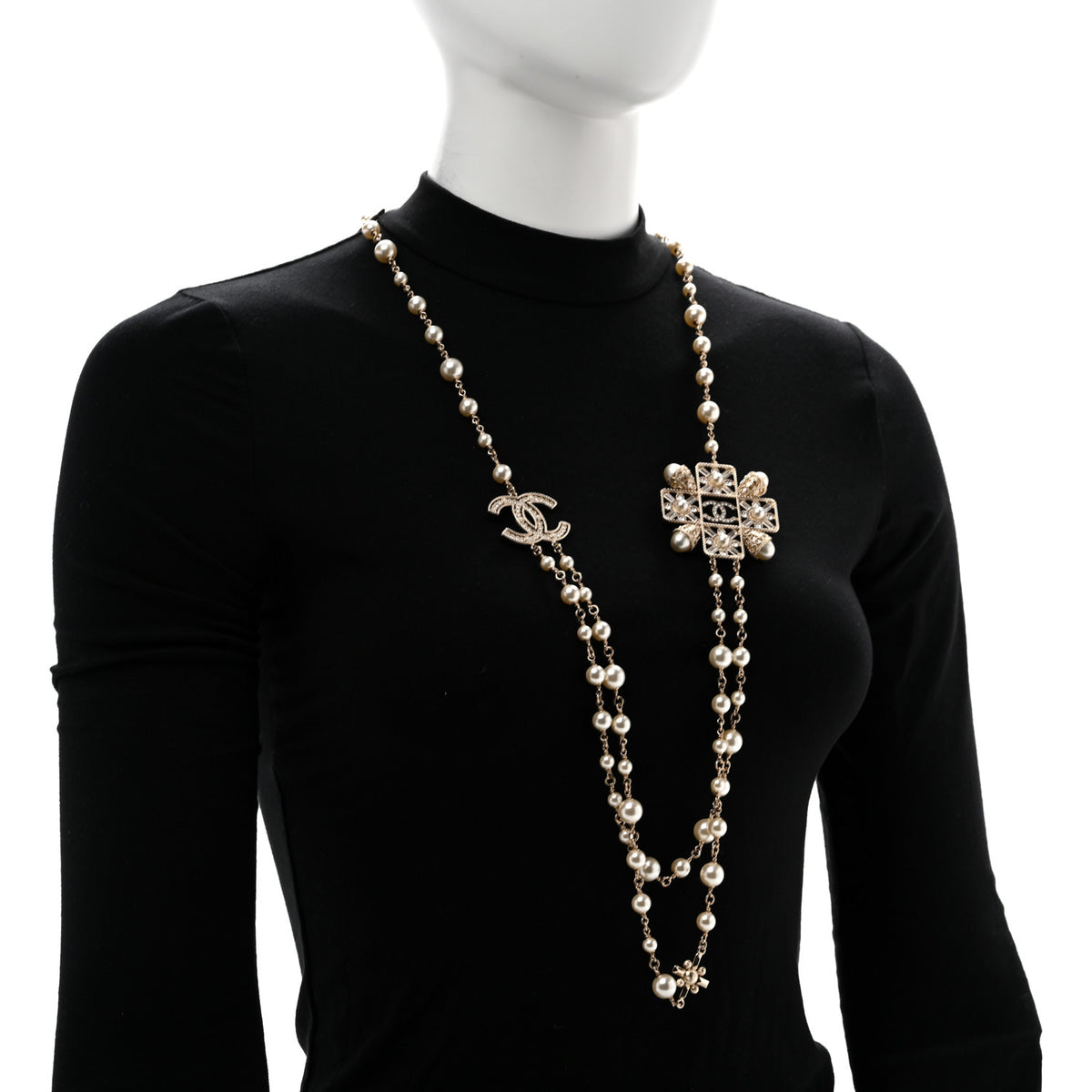 Chanel Pearl Crystal CC Long Necklace Gold 2 of 7
