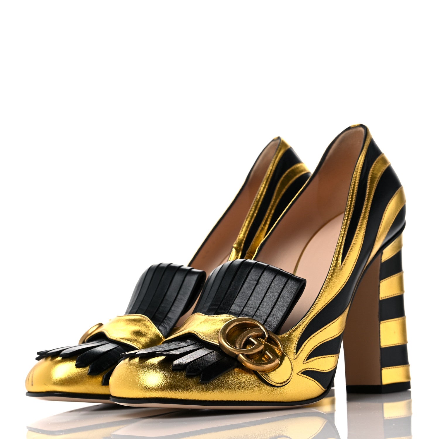 Gucci Metallic Nappa Inlay GG Marmont Fringe 105mm Loafer Pumps 41 Gold Black 3 of 10