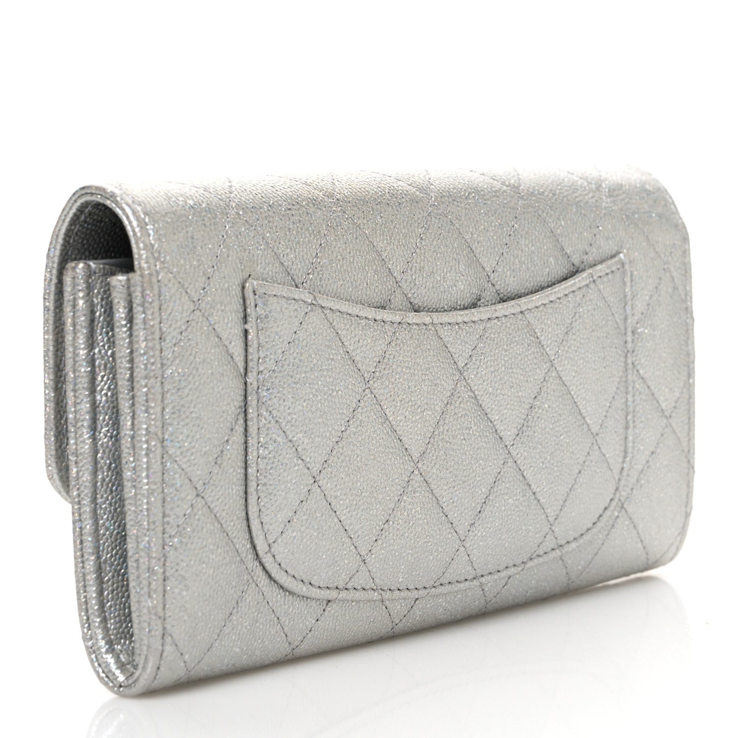 Glittered Metallic Caviar Quilted Large Flap Wallet Silver