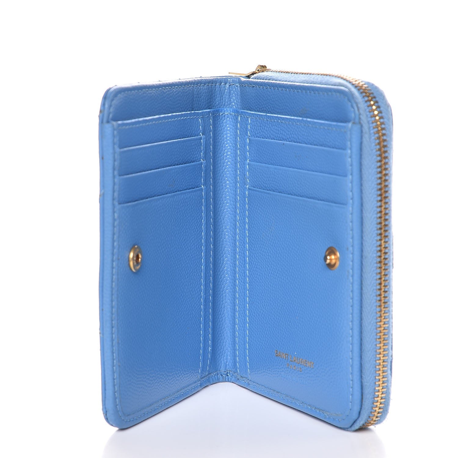 Saint Laurent Grain De Poudre Matelasse Chevron Monogram Compact Zip Around Wallet Blue Clair 6 of 8