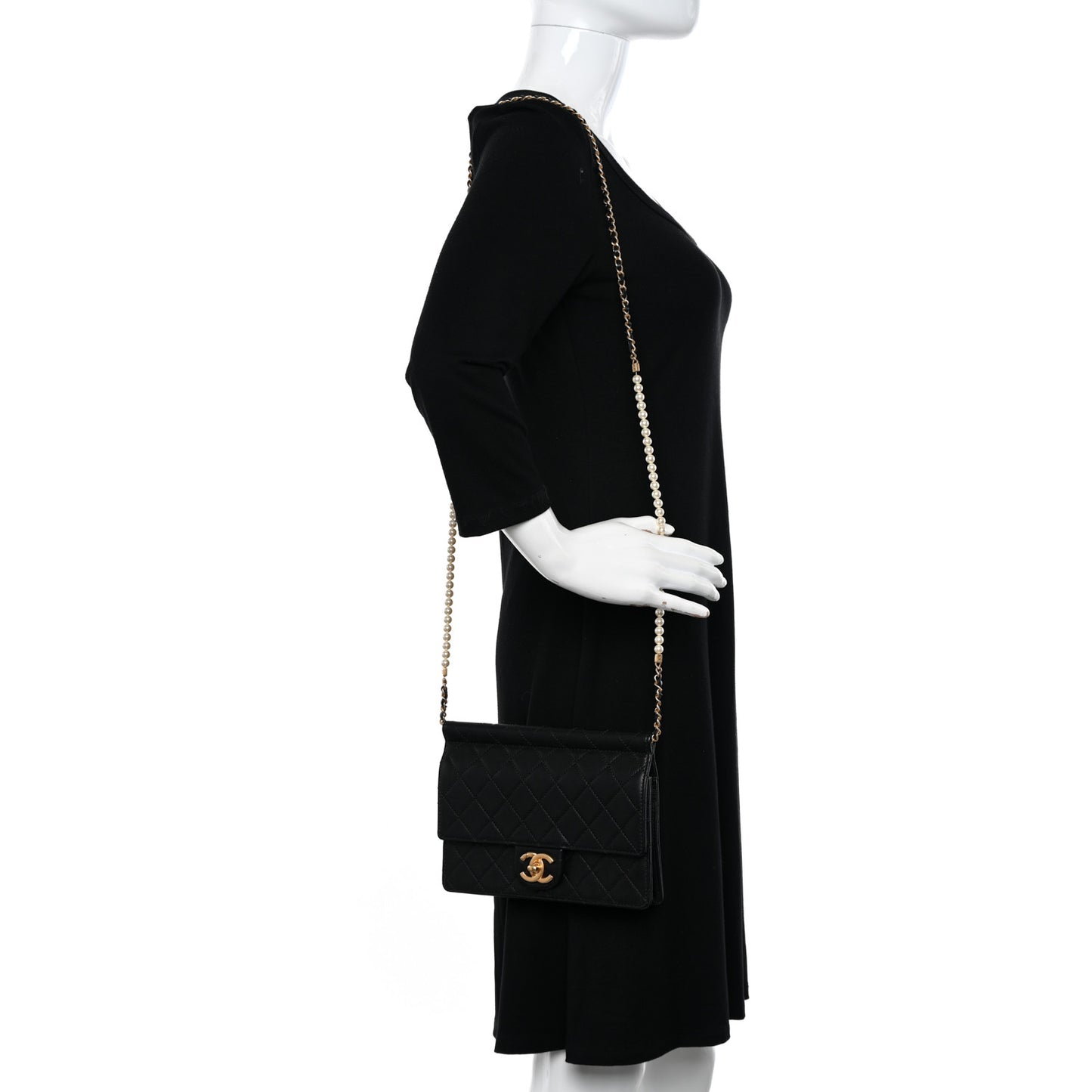 Lambskin Quilted Large Pearl Chain Flap Bag Black