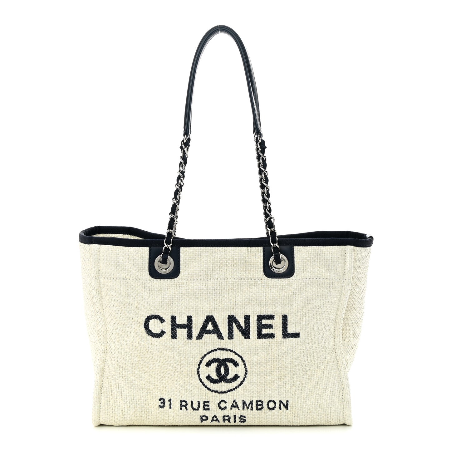 Woven Straw Raffia Small Deauville Tote White Navy