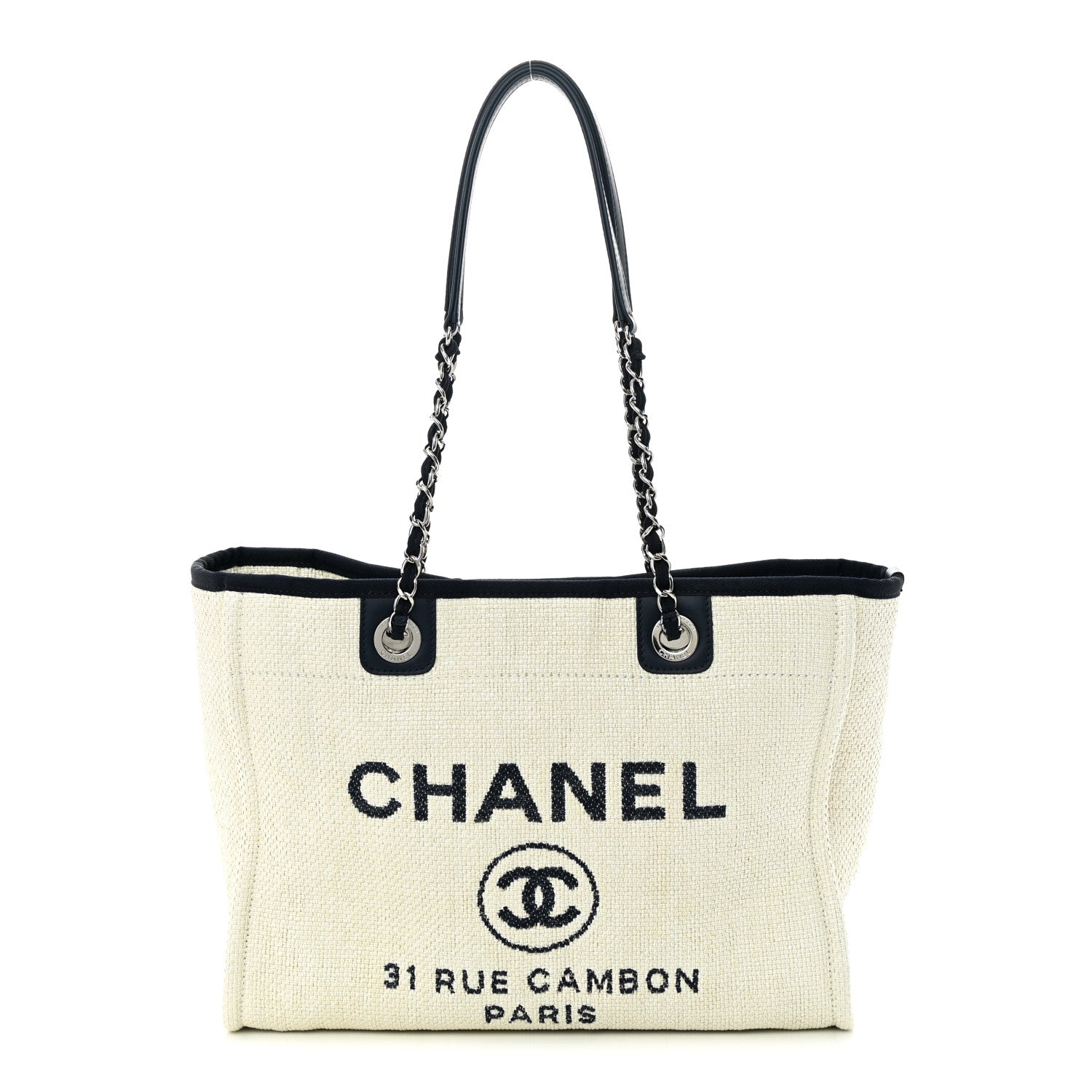 Chanel Woven Straw Raffia Small Deauville Tote White Navy 1 of 11