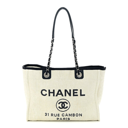 Chanel Woven Straw Raffia Small Deauville Tote White Navy 1 of 11