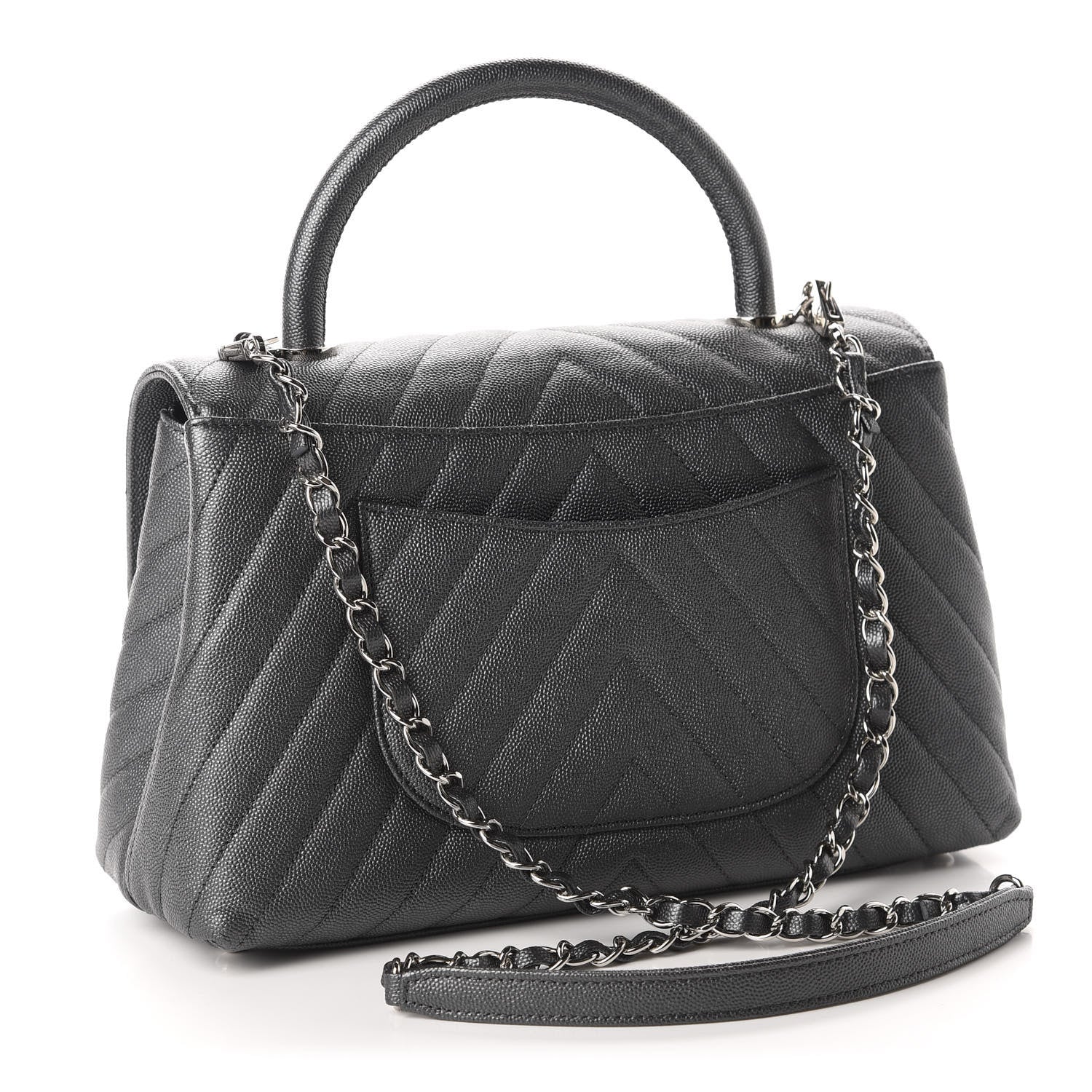 Chanel Metallic Caviar Chevron Quilted Small Coco Handle Flap Dark Silver 3 of 10