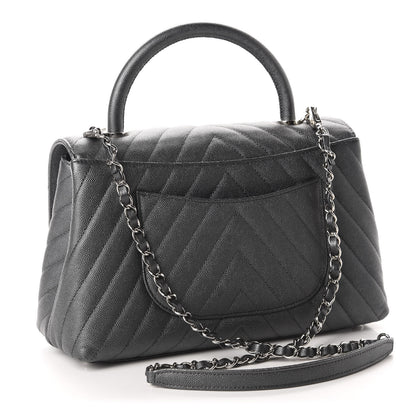 Chanel Metallic Caviar Chevron Quilted Small Coco Handle Flap Dark Silver 3 of 10