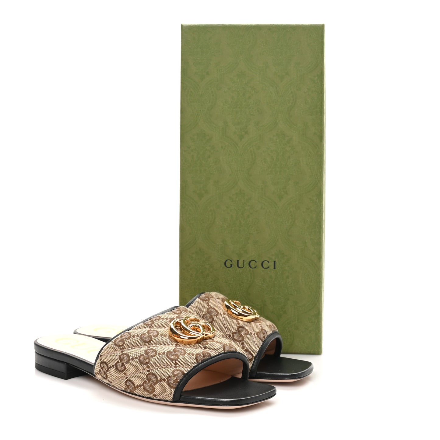 Monogram Matelasse Diagonal GG Marmont Flat Slide Sandals 36.5 Beige Ebony Black