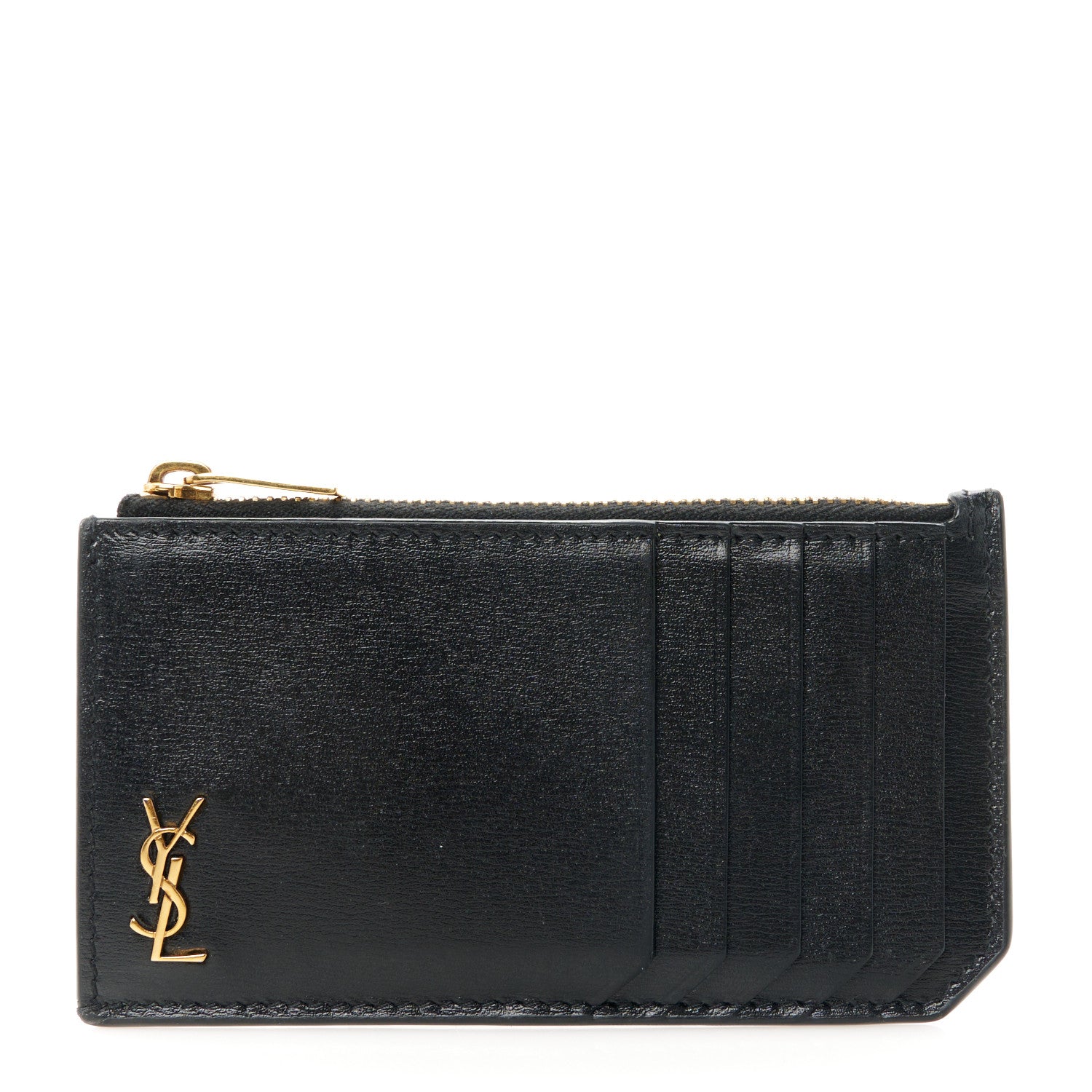 Saint Laurent Grained Calfskin Monogram 5 Fragments Zip Pouch Card Holder Black 1 of 8