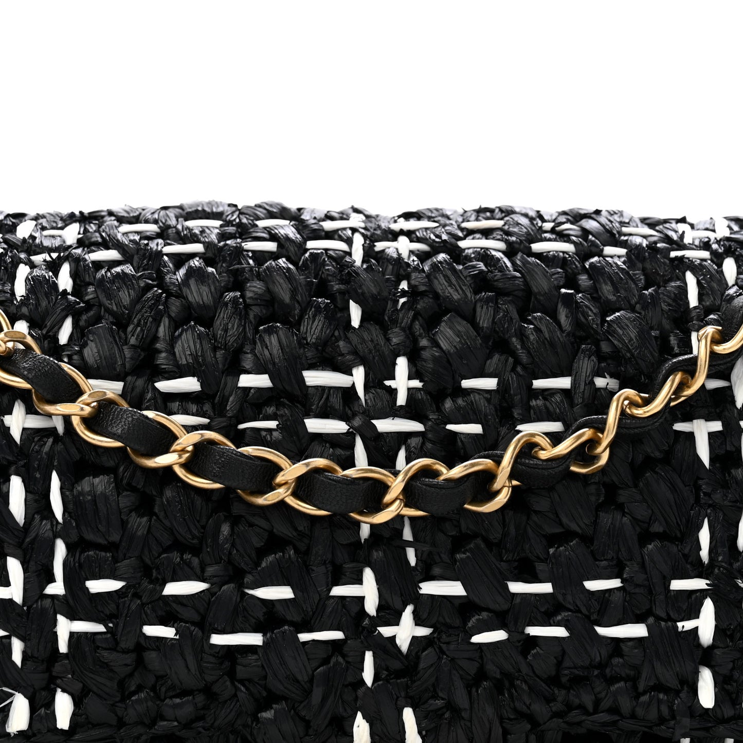 Raffia Effect Medium Tweedy Flap Bag Black White