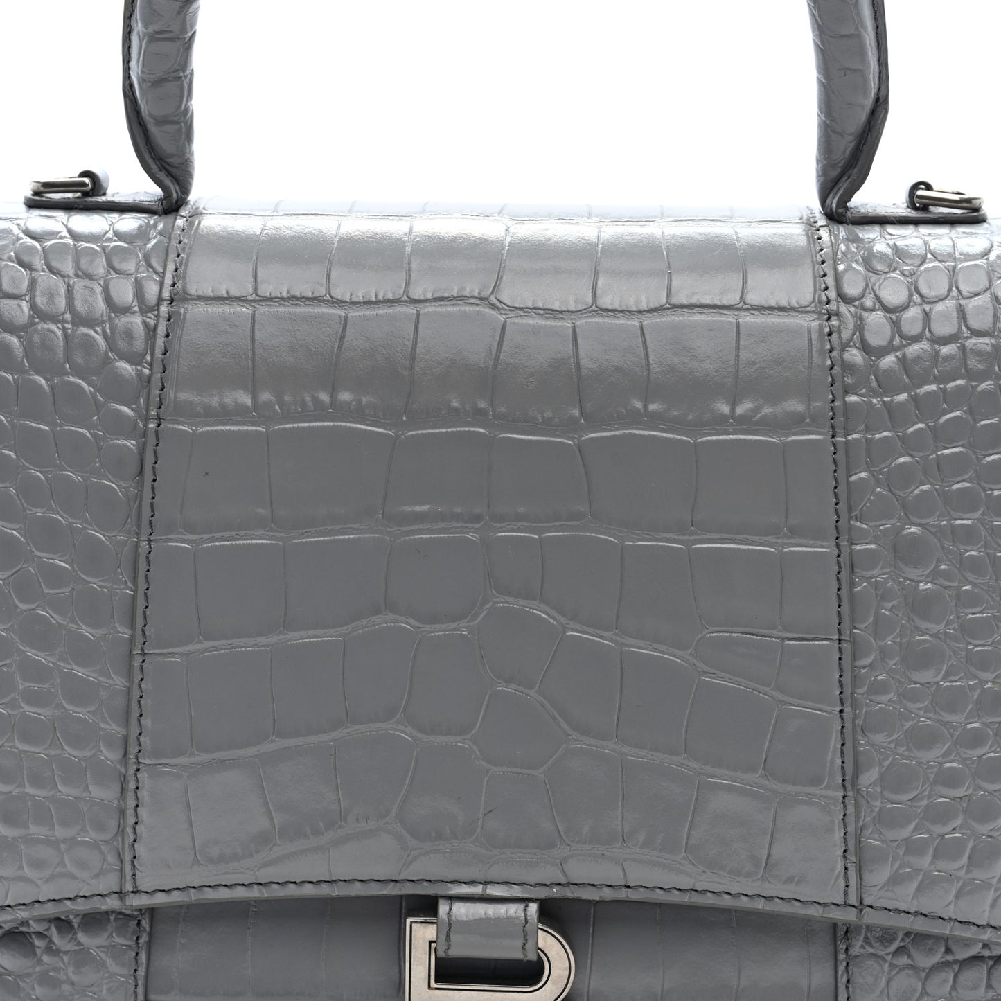 Shiny Calfskin Crocodile Embossed Medium Hourglass Top Handle Bag Balenciaga Grey