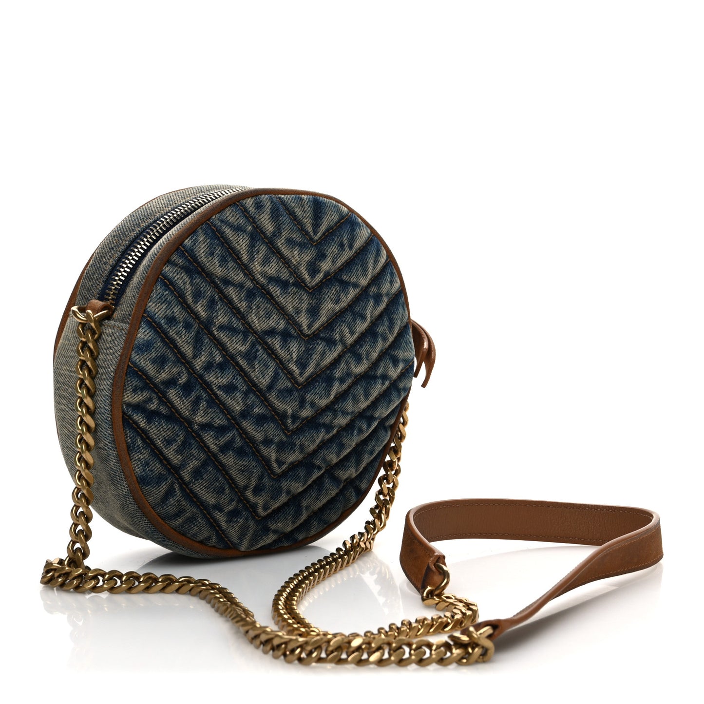 Denim Matelasse Chevron Quilted Round Vinyle Camera Bag Rodeo Blue Cinnamon