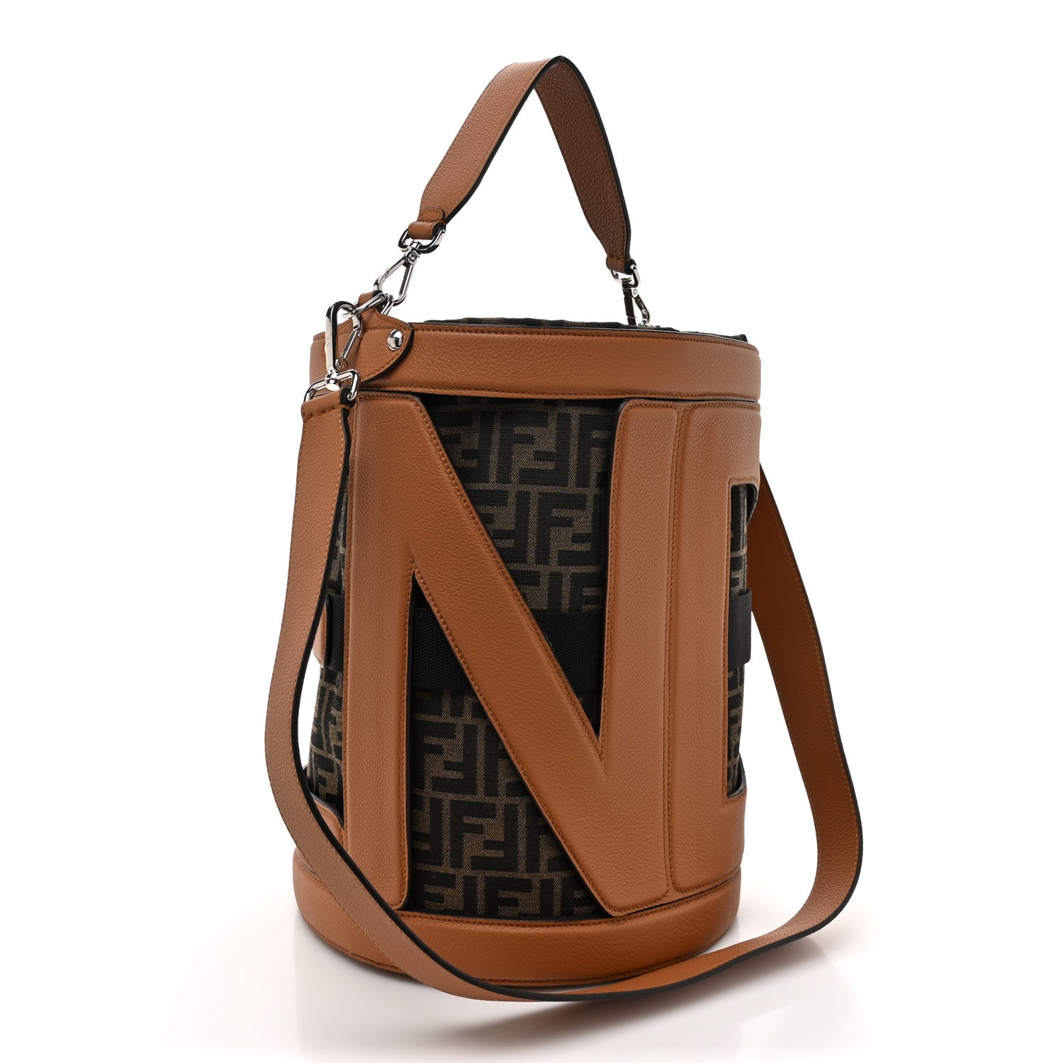 Fendi Jacquard Vitello Logo Bucket Bag Brown 3 of 10