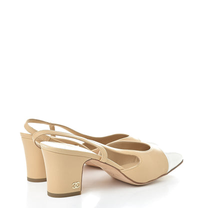 Chanel Lambskin Patent Cap Toe CC Slingback Sandals 37 Beige White 4 of 10