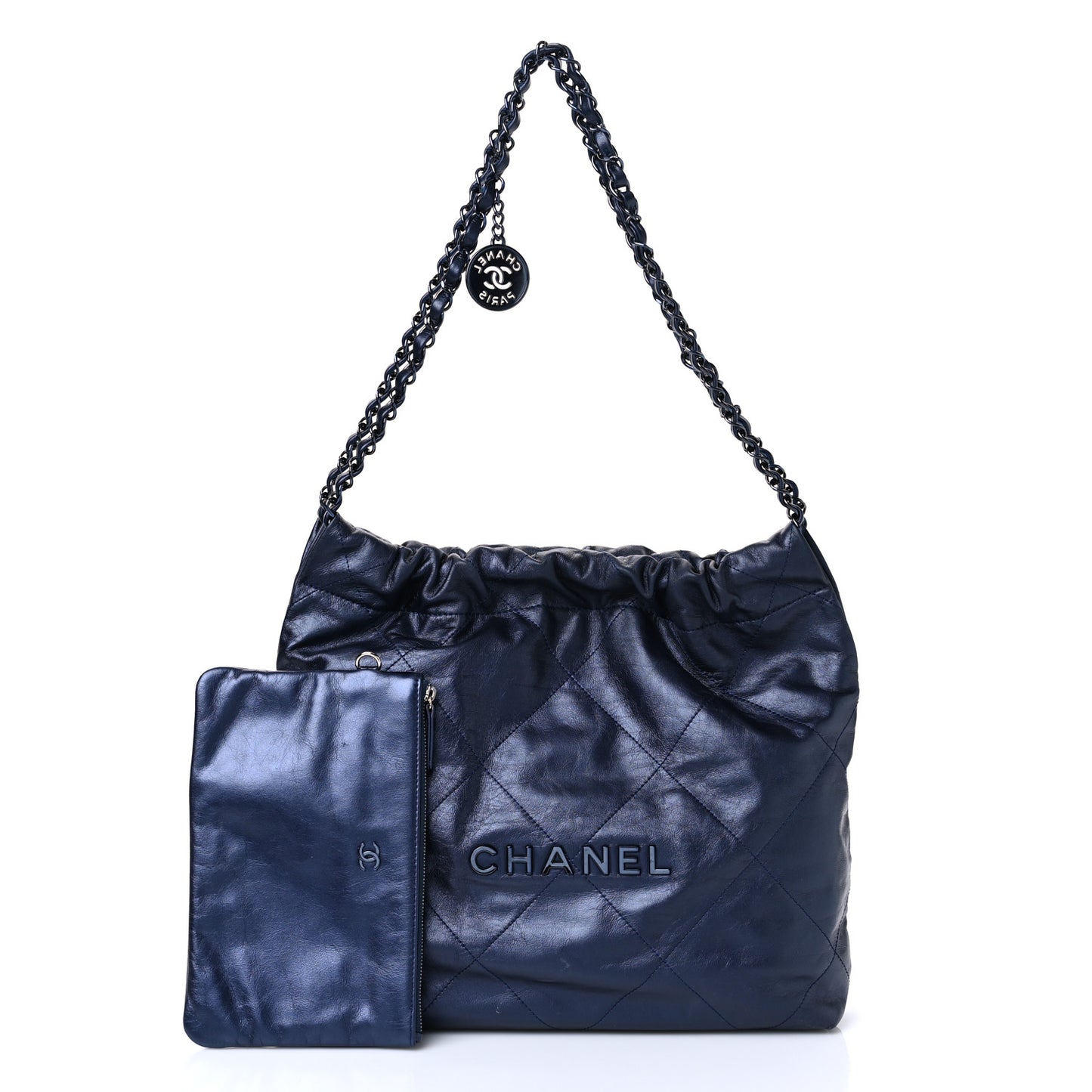 Metallic Calfskin Quilted Small Chanel 22 Navy Blue