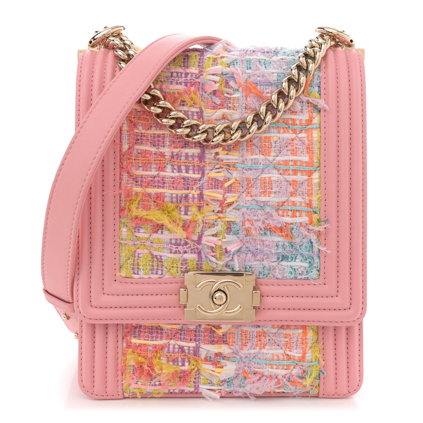 Calfskin Tweed Quilted North South Boy Flap Pink