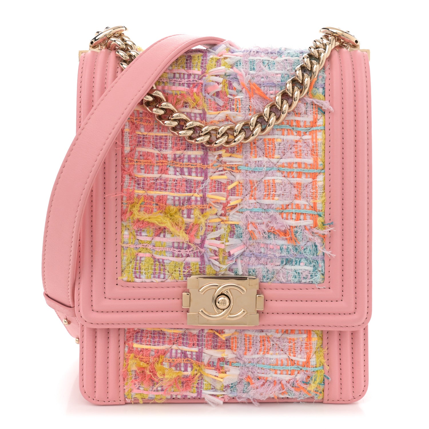 Chanel Calfskin Tweed Quilted North South Boy Flap Pink 1 of 11