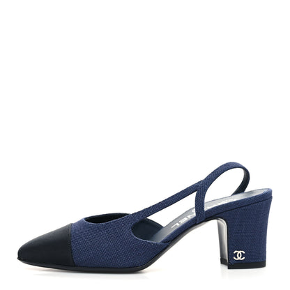 Chanel Fabric Grosgrain Cap Toe CC Slingback Pumps 36.5 Dark Blue Black 1 of 9