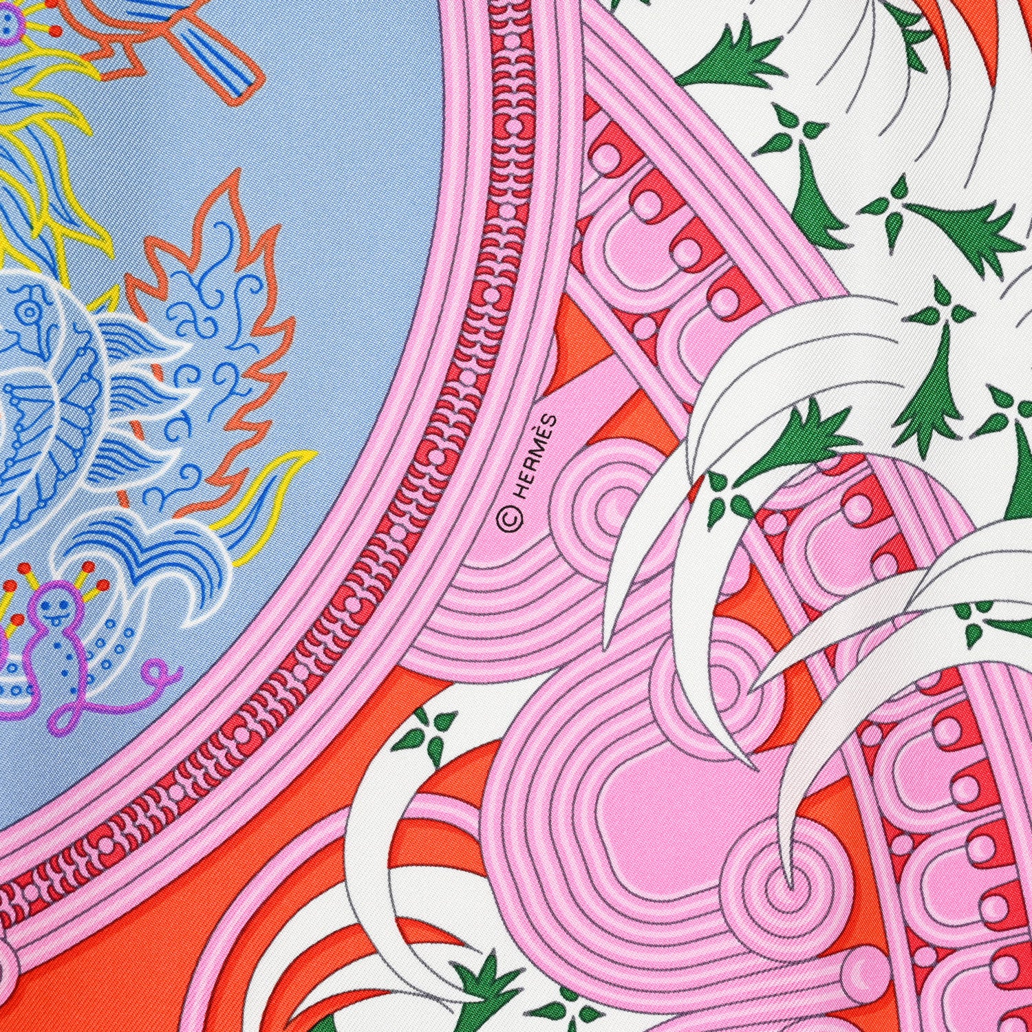 Hermes Silk Legende Brodee Scarf 90 Vermillon Bleu Pale White 5 of 6