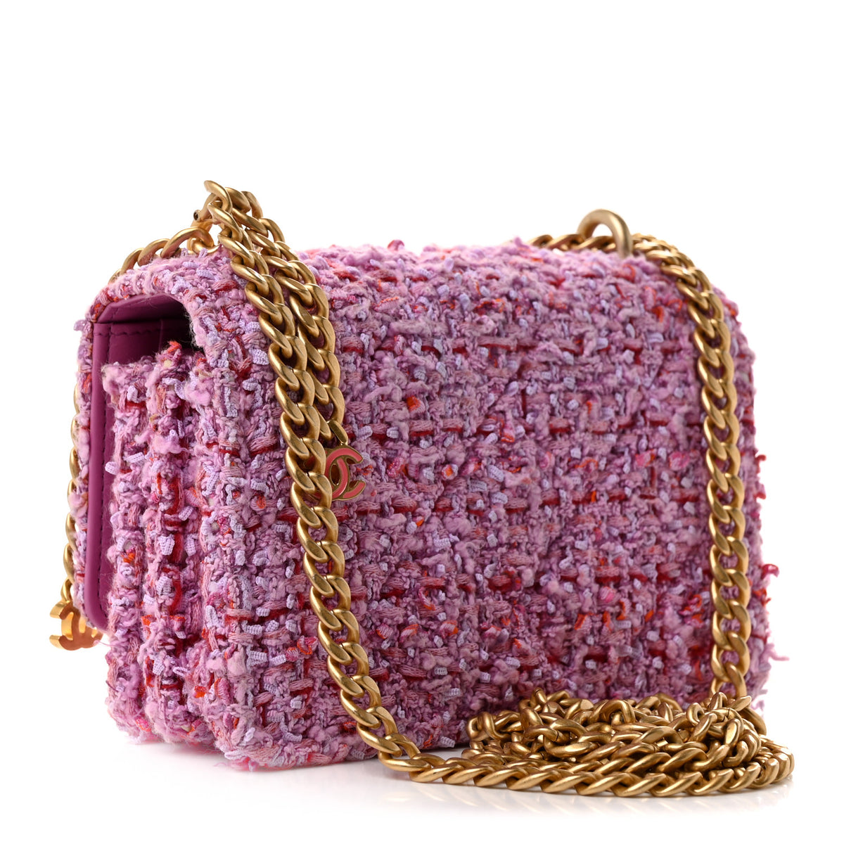 Chanel Tweed Enamel Quilted Pending CC Mini Wallet On Chain WOC Pink Purple 3 of 10