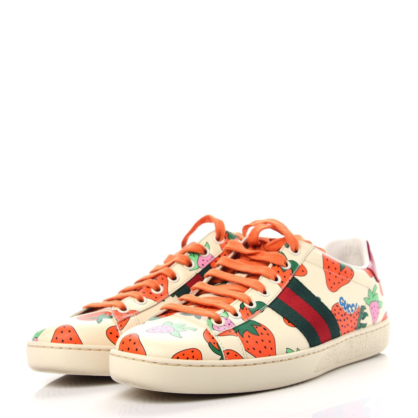 Calfskin Web Strawberry Print Womens Ace Sneakers 38.5 Ivory Red Green