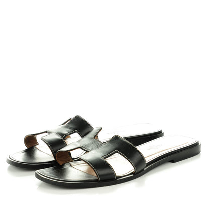 Hermes Box Calfskin Oran Sandals 37 Black 3 of 8