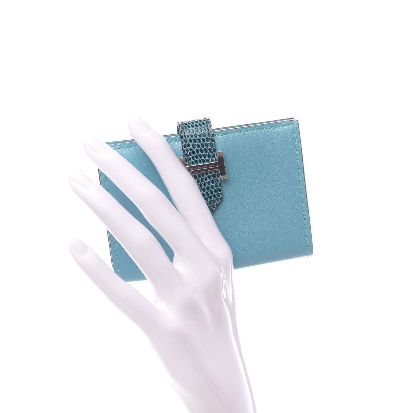 Tadelakt Lizard Mini Bearn Card Holder Wallet Bleu Atoll