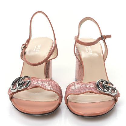Gucci Sequin Satin Malaga Kid GG Marmont Ankle Wrap 75mm Sandals 39 Antique Rose Rosa Pale Pink 2 of 7