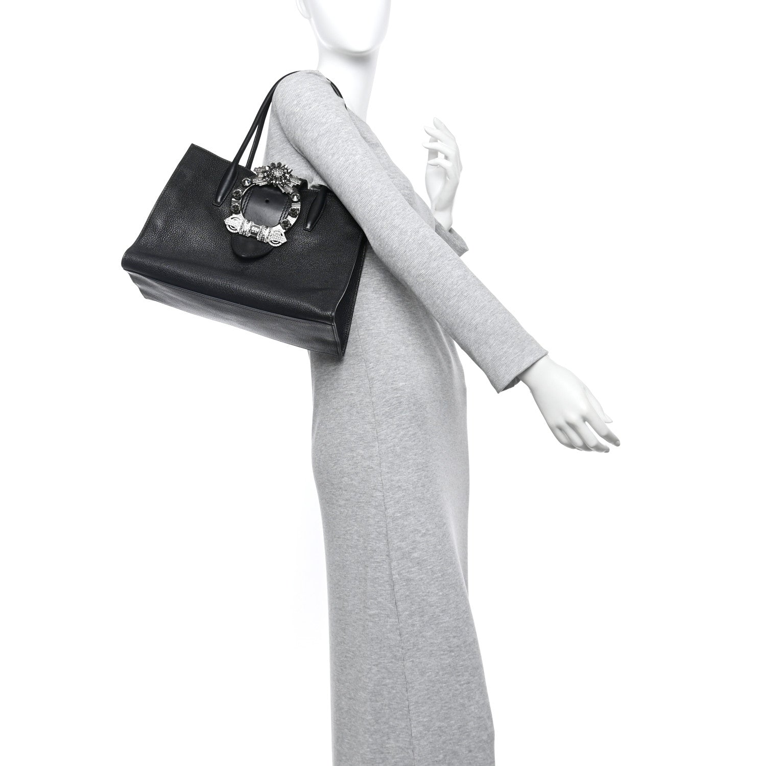 Miu Miu Goatskin Madras Soft Calf Crystal Embellished Tote Black 2 of 14