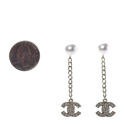 Chanel Pearl Crystal CC Long Drop Earrings Gold 2 of 4
