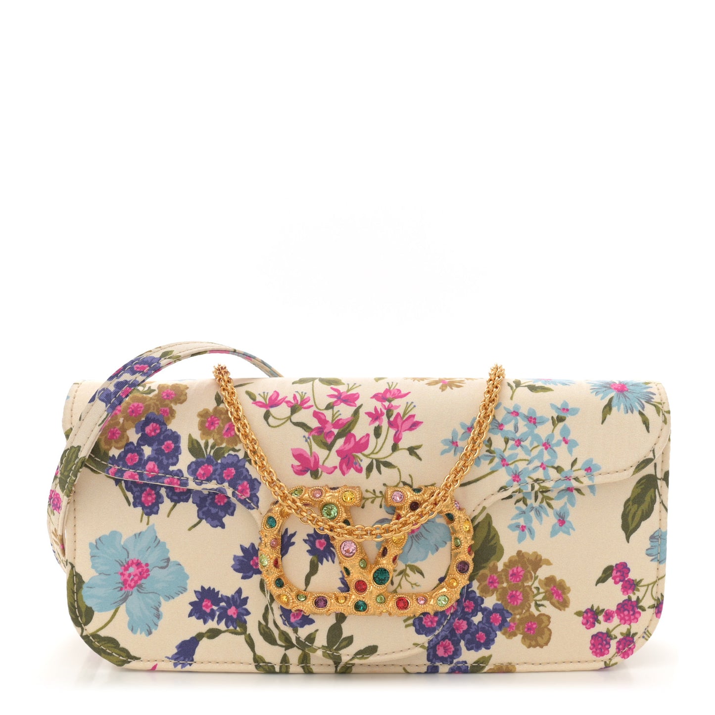 Satin Moire Floral Vlogo Loco Shoulder Bag  White Multicolor