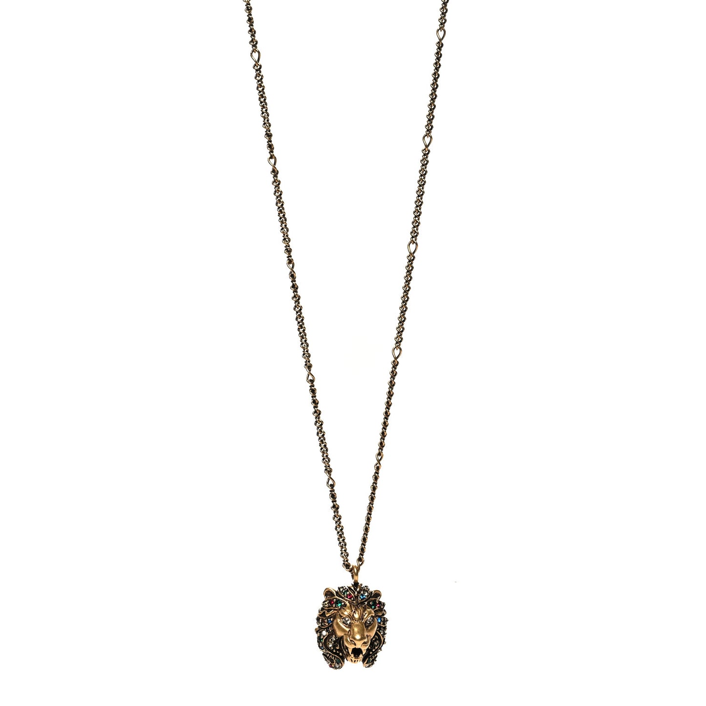 Metal Crystal Lion Head Necklace Aged Gold Multicolor