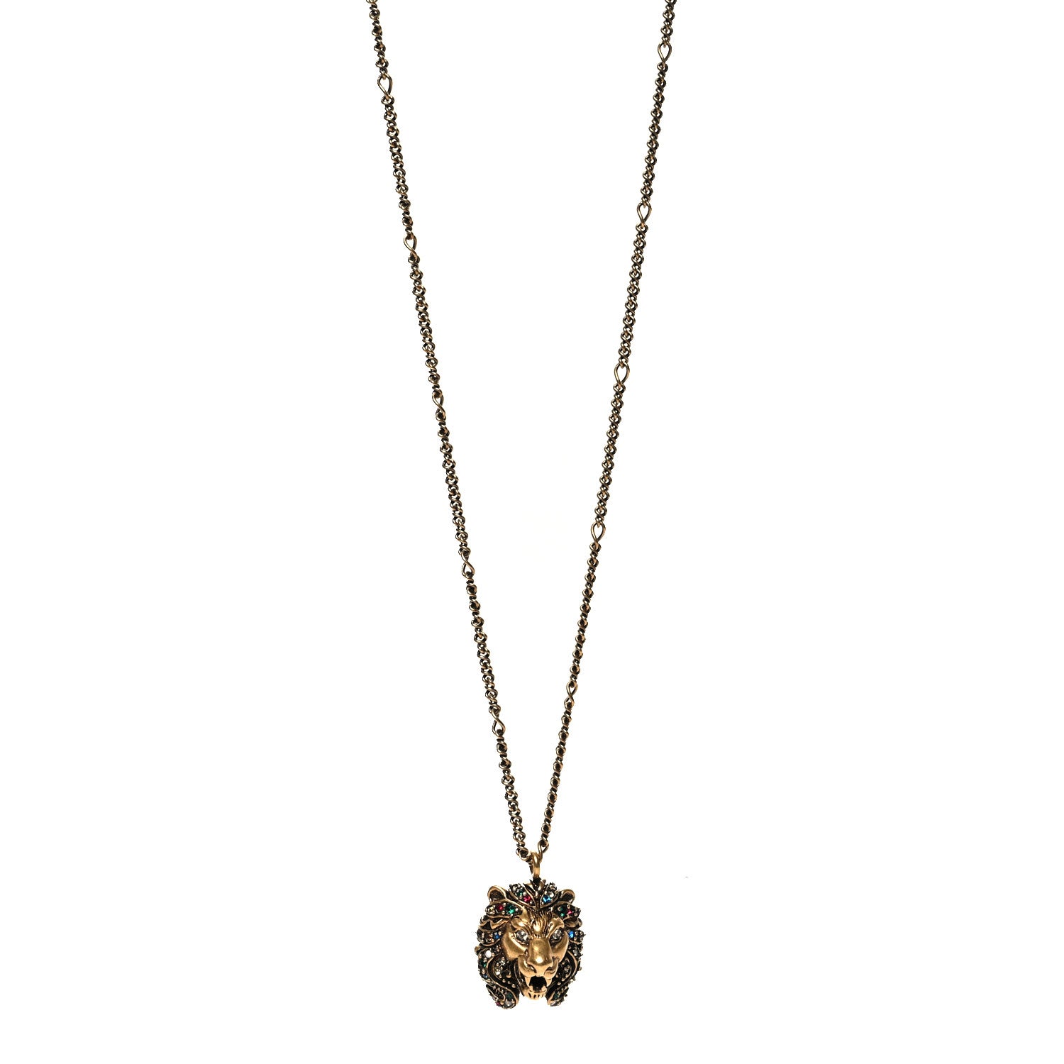 Gucci Metal Crystal Lion Head Necklace Aged Gold Multicolor 1 of 5