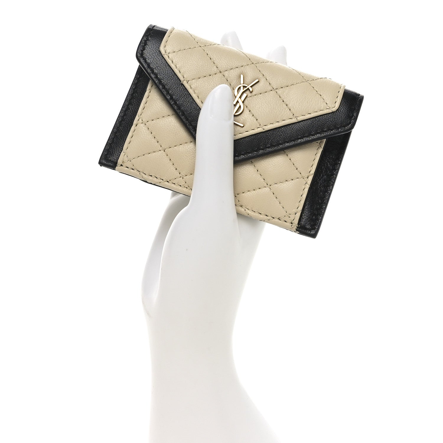 Saint Laurent Lambskin Quilted Monogram Gaby Small Envelope Card Case Black White 2 of 6