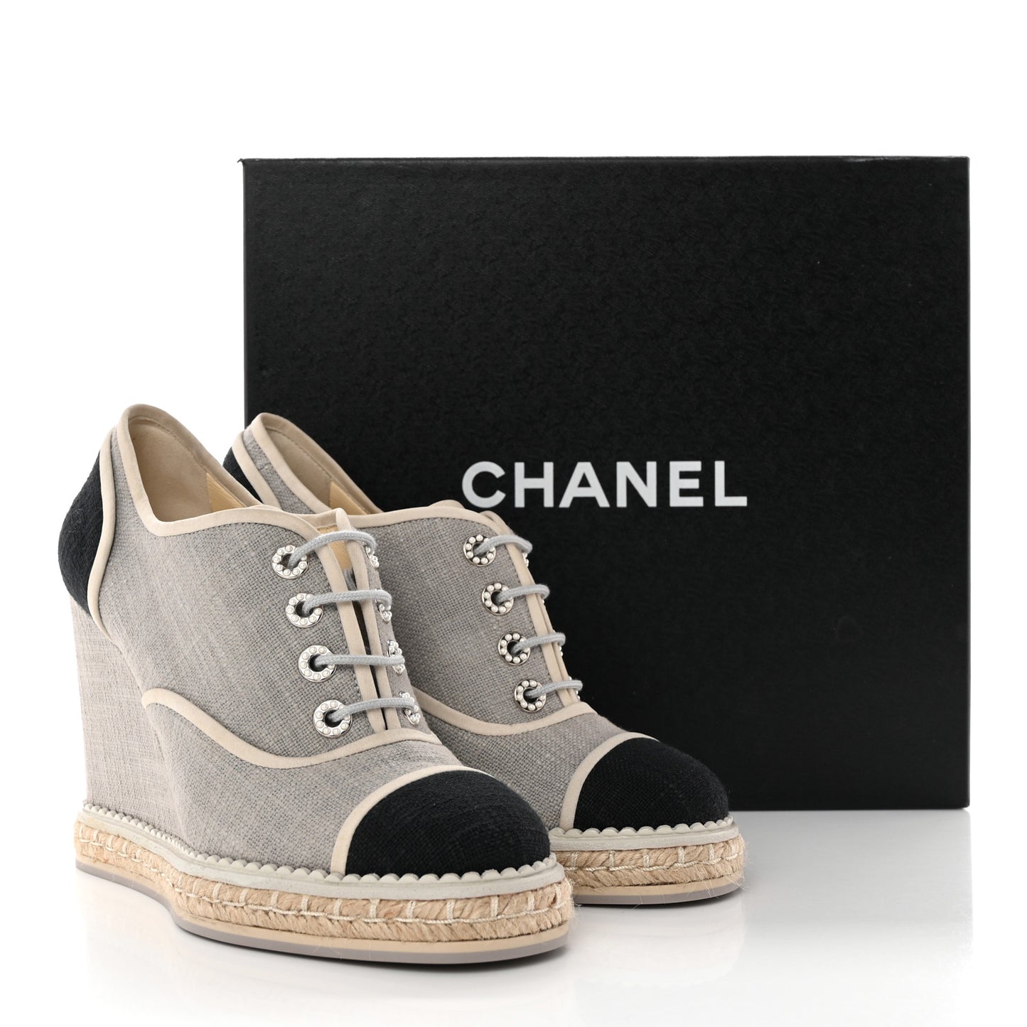 Cotton Lace Up Wedge Espadrilles 38.5 Grey Navy Blue