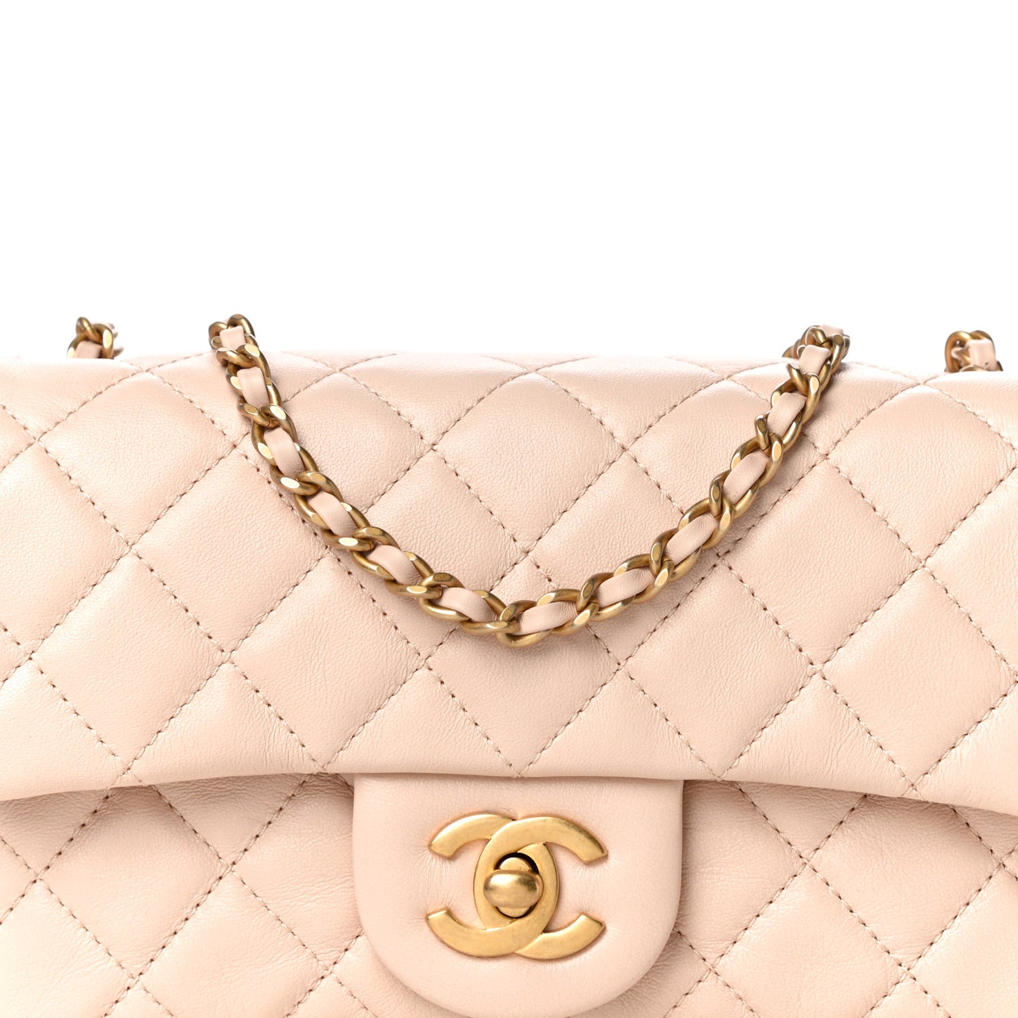 Lambskin Quilted Mini Rectangular Pearl Crush Flap Light Beige