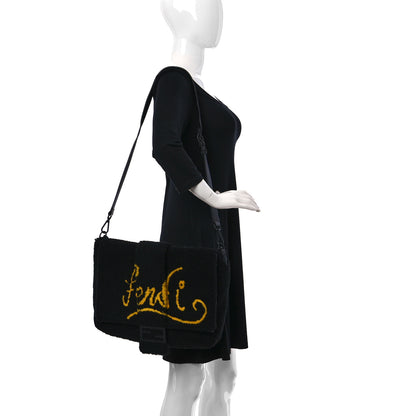 Fendi Shearling Calfskin Large Baguette Messenger Bag Black Giallo 2 of 9