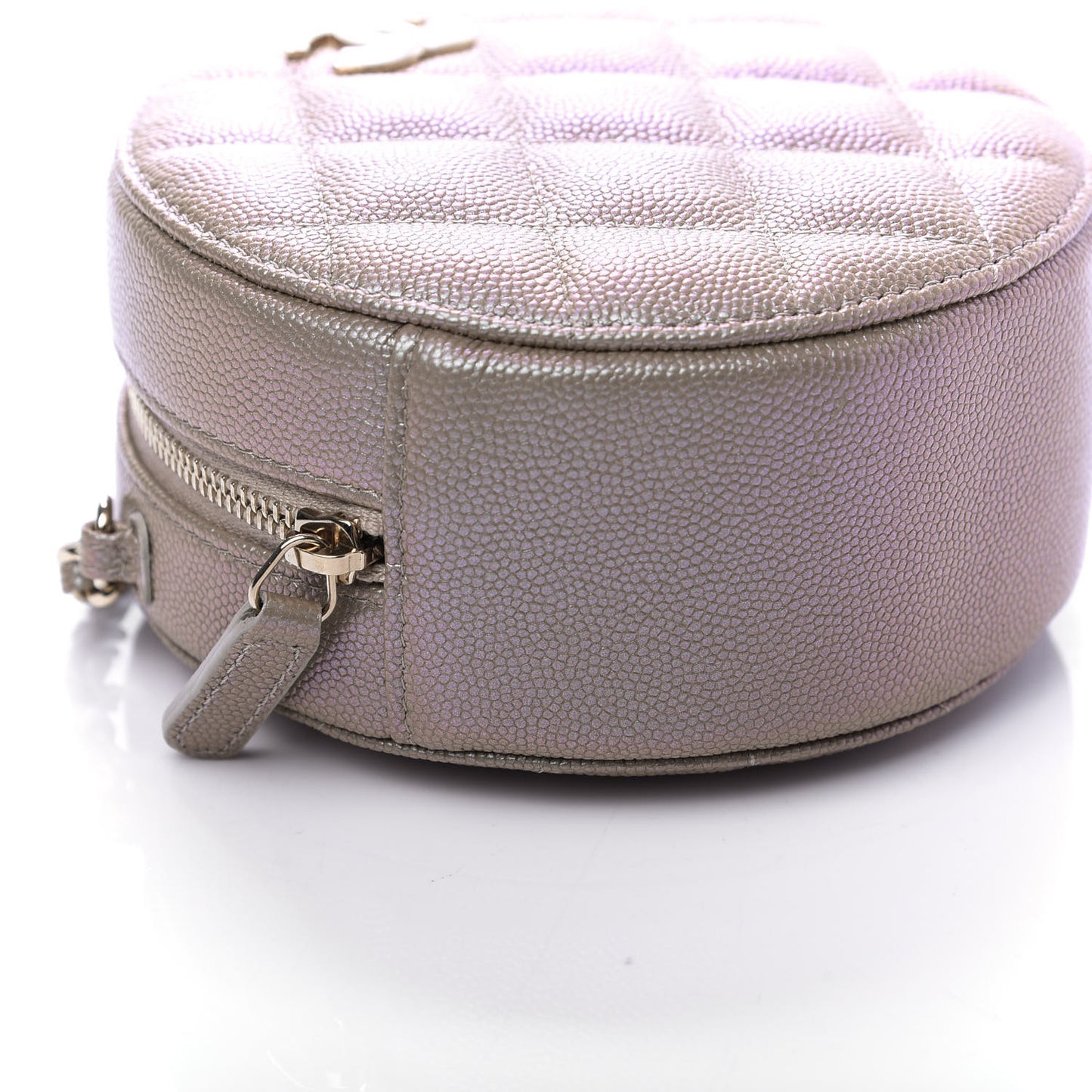 Iridescent Caviar Quilted Round Clutch With Chain Beige