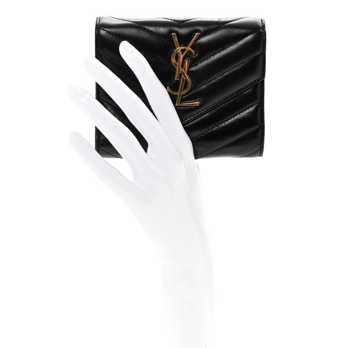 Lambskin Matelasse Chevron Monogram Compact Tri Fold Wallet Black