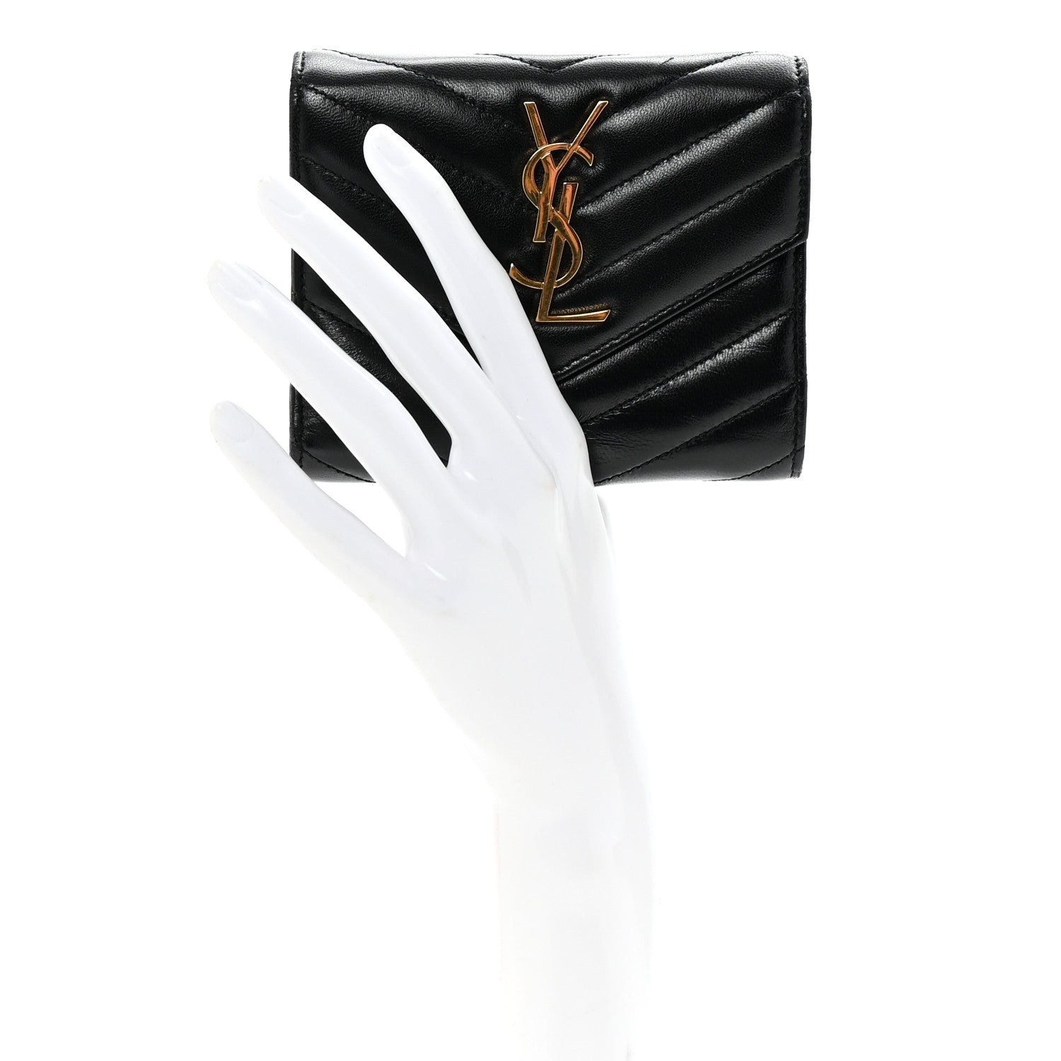 Saint Laurent Lambskin Matelasse Chevron Monogram Compact Tri Fold Wallet Black 2 of 7