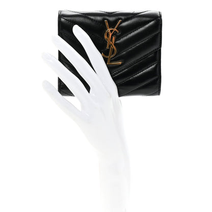 Saint Laurent Lambskin Matelasse Chevron Monogram Compact Tri Fold Wallet Black 2 of 7