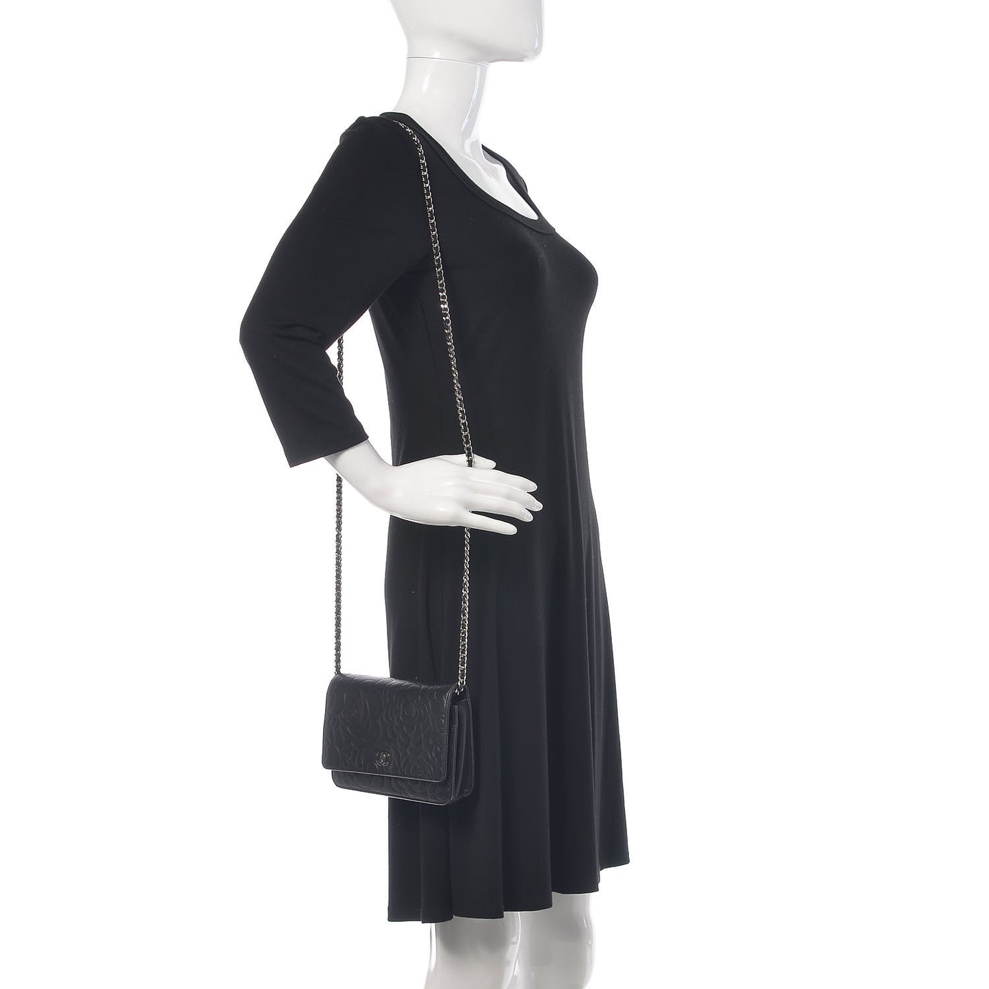 Lambskin Camellia Embossed Wallet On Chain WOC Black
